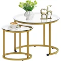 Kf See5e35dfd1ab49a0874f270dafd90016y Coffee Table Nesting White Set Of 2 Side Set Golden Frame Circular And Marble Pattern Wooden