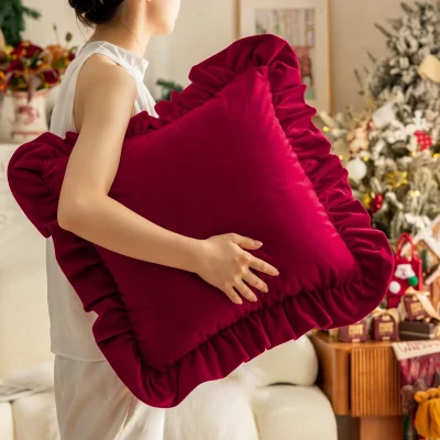 Kf S416eb6abaa264b8da8eb8ac68c8114ef9 Red And Green Christmas Cushion Cover Solid Color Velvet Pillow Covers Decorative 3d Floral Ruffled Edge