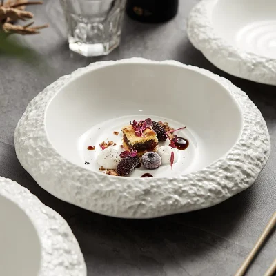 Kf S5cca706acb1449c8b6a30c5c76cd4df8q Rock Patternceramic Plate Household Deep Plate Dish Creative Hotel Restaurant Tableware High Grade White Dinner Plate