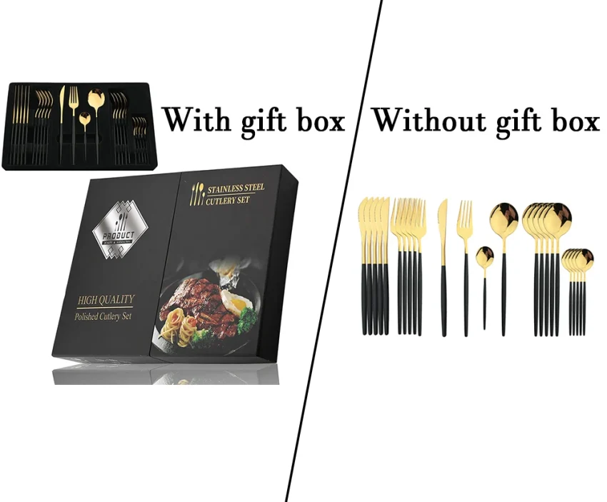 Kf S5546724546614316ae570955445946f7k 24pcs Black Handle Golden Cutlery Set Stainless Steel Knife Fork Spoon Tableware Flatware Set Festival Kitchen