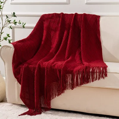 Kf S494828b3e8984c53bb3923077fcf9a19w Inyahome Christmas Decor Red Throw Blanket With Fringe Geometric Bed Burgundy Throw Winter Decorative Large Throw