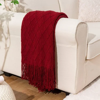 Kf S1d95fa53417f48f984a48fb436a66f0ay Inyahome Christmas Decor Red Throw Blanket With Fringe Geometric Bed Burgundy Throw Winter Decorative Large Throw